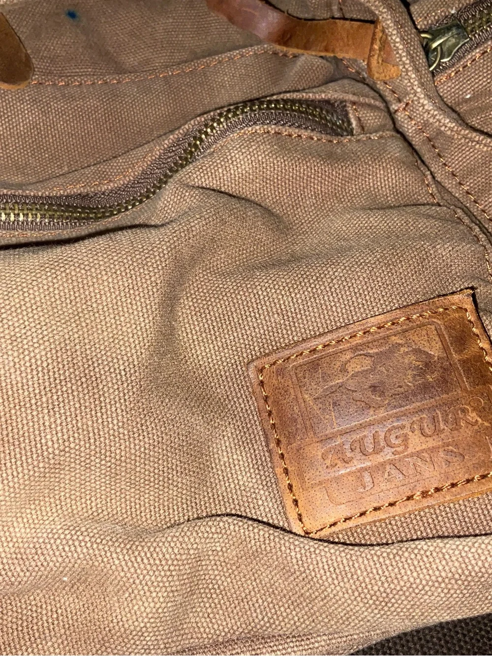 Brown Augur Strauss Canvas Drawstring Backpack with Leather Accents